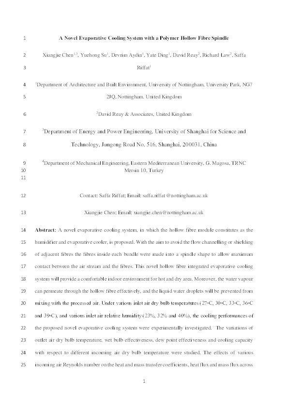 A novel evaporative cooling system with a polymer hollow fibre spindle Thumbnail