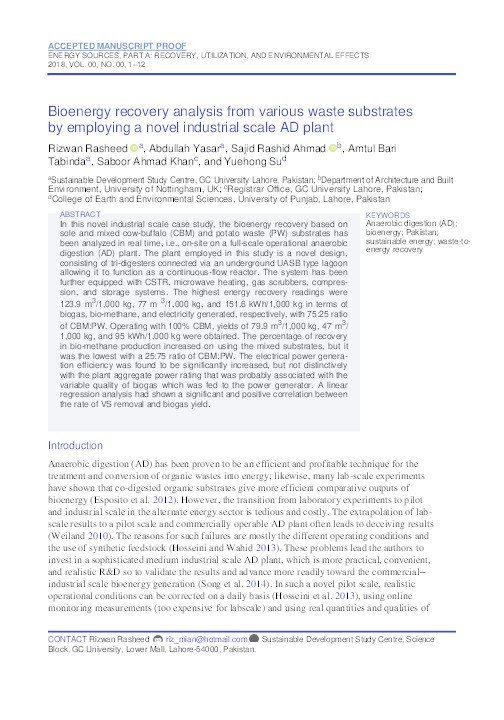 Bioenergy recovery analysis from various waste substrates by employing a novel industrial scale AD plant Thumbnail