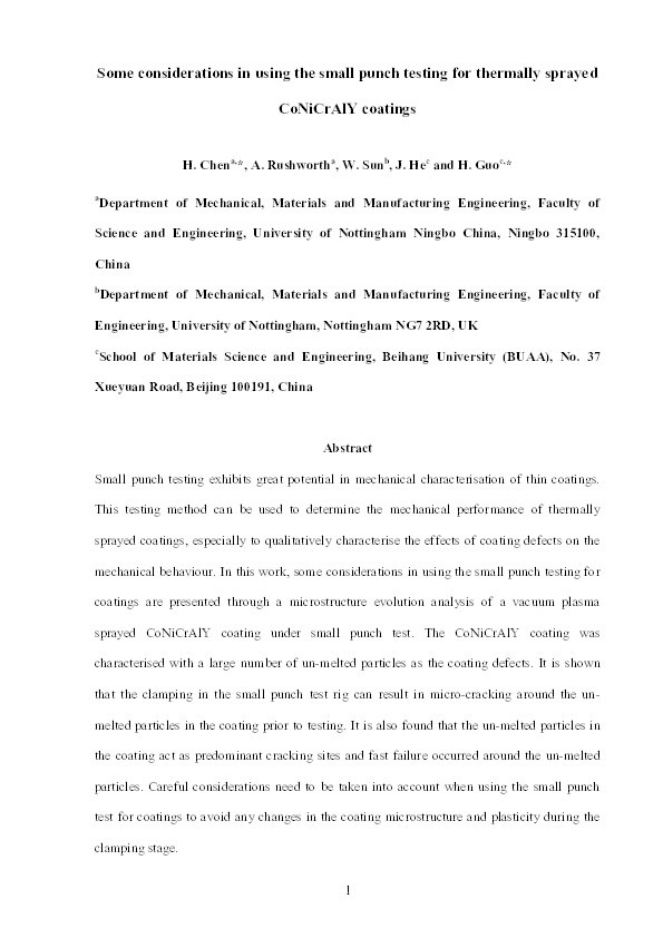 Some considerations in using the small punch testing for thermally sprayed CoNiCrAlY coatings Thumbnail