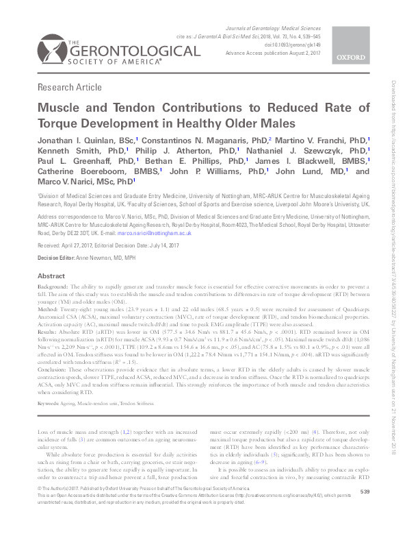 Muscle and Tendon Contributions to Reduced Rate of Torque Development in Healthy Older Males Thumbnail