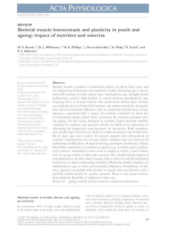 Skeletal muscle homeostasis and plasticity in youth and ageing: impact of nutrition and exercise Thumbnail