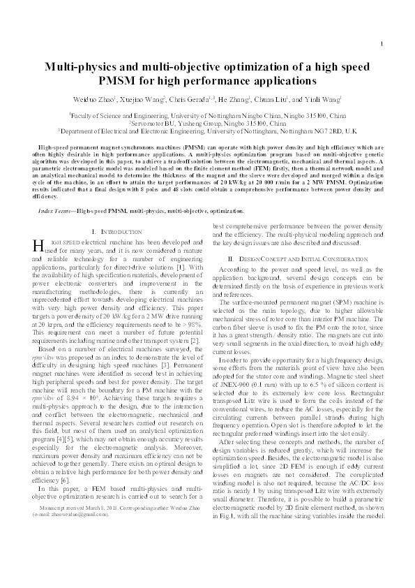 Multi-Physics and Multi-Objective Optimization of a High Speed PMSM for High Performance Applications Thumbnail