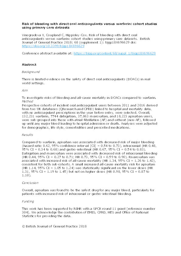 Risk of bleeding with direct oral anticoagulants versus warfarin: cohort studies using primary care datasets Thumbnail