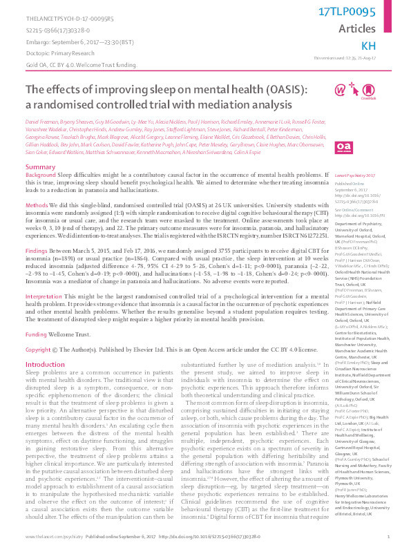 The effects of improving sleep on mental health (OASIS): a randomised controlled trial with mediation analysis Thumbnail