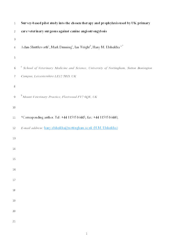 Survey-based pilot study into the chosen therapy and prophylaxis used by UK primary care veterinary surgeons against canine angiostrongylosis Thumbnail