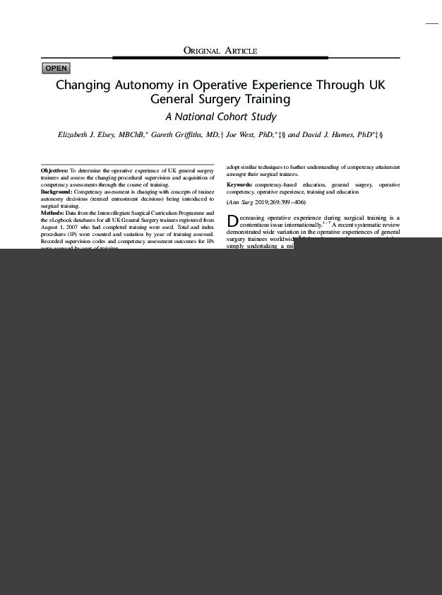 Changing autonomy in operative experience through UK general surgery training: a national cohort study Thumbnail