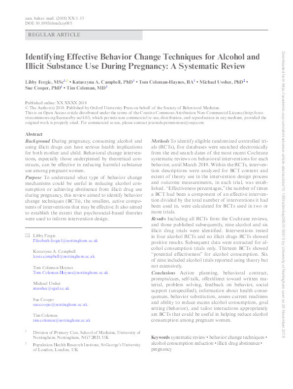 Identifying Effective Behavior Change Techniques for Alcohol and Illicit Substance Use During Pregnancy: A Systematic Review Thumbnail