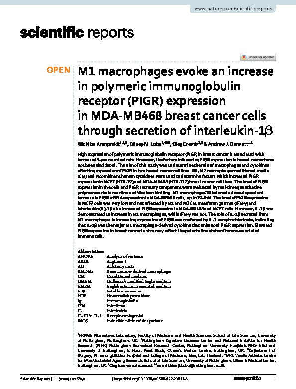 M1 macrophages evoke an increase in polymeric immunoglobulin receptor (PIGR) expression in MDA-MB468 breast cancer cells through secretion of interleukin-1β Thumbnail