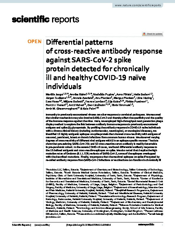 Differential patterns of cross-reactive antibody response against SARS-CoV-2 spike protein detected for chronically ill and healthy COVID-19 naïve individuals Thumbnail