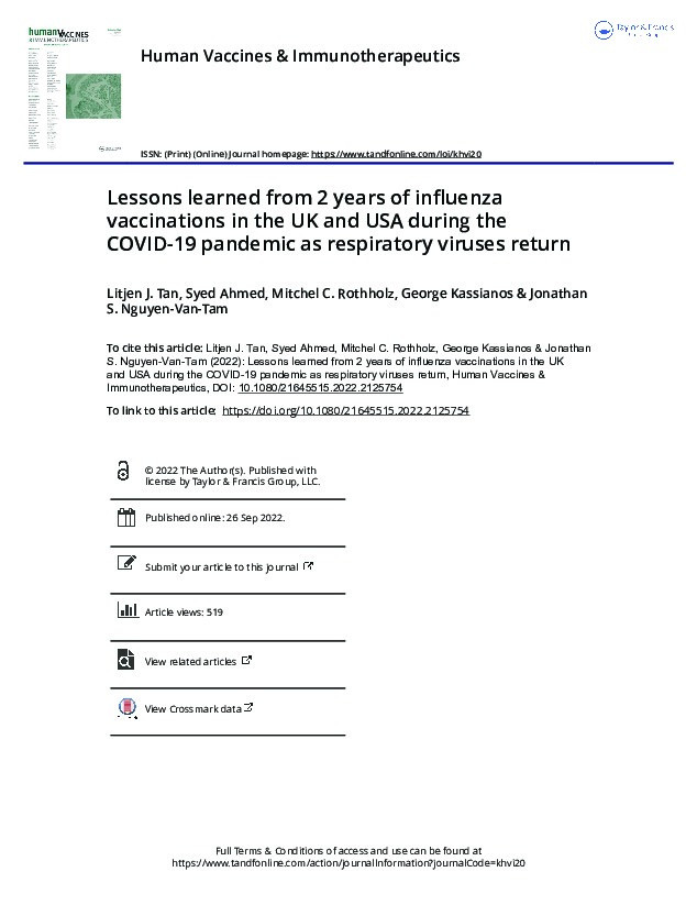 Lessons learned from 2 years of influenza vaccinations in the UK and USA during the COVID-19 pandemic as respiratory viruses return Thumbnail