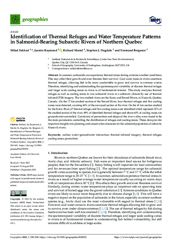 Identification of Thermal Refuges and Water Temperature Patterns in Salmonid-Bearing Subarctic Rivers of Northern Quebec Thumbnail