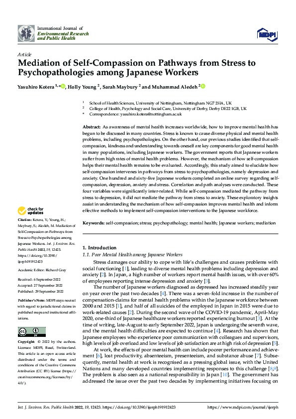 Mediation of Self-Compassion on Pathways from Stress to Psychopathologies among Japanese Workers Thumbnail