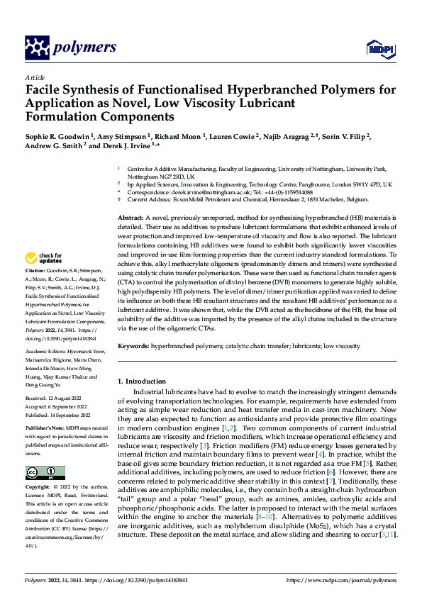 Facile Synthesis of Functionalised Hyperbranched Polymers for Application as Novel, Low Viscosity Lubricant Formulation Components Thumbnail