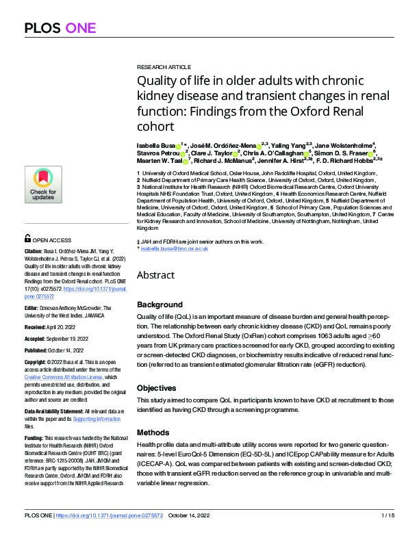 Quality of life in older adults with chronic kidney disease and transient changes in renal function: Findings from the Oxford Renal cohort Thumbnail