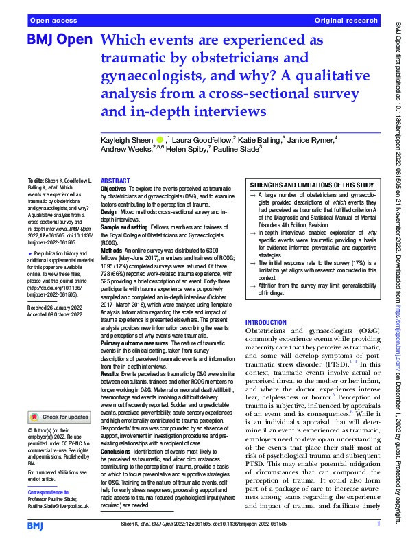 Which events are experienced as traumatic by obstetricians and gynaecologists, and why? A qualitative analysis from a cross-sectional survey and in-depth interviews Thumbnail