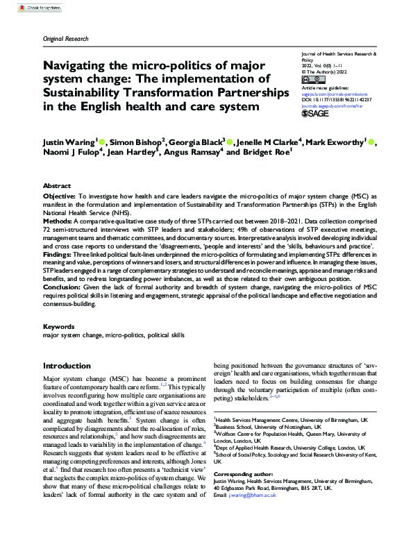 Navigating the micro-politics of major system change: The implementation of Sustainability Transformation Partnerships in the English health and care system Thumbnail