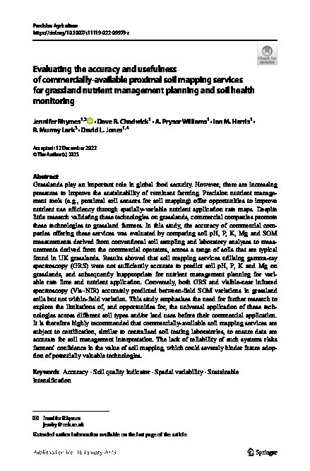 Evaluating the accuracy and usefulness of commercially-available proximal soil mapping services for grassland nutrient management planning and soil health monitoring Thumbnail