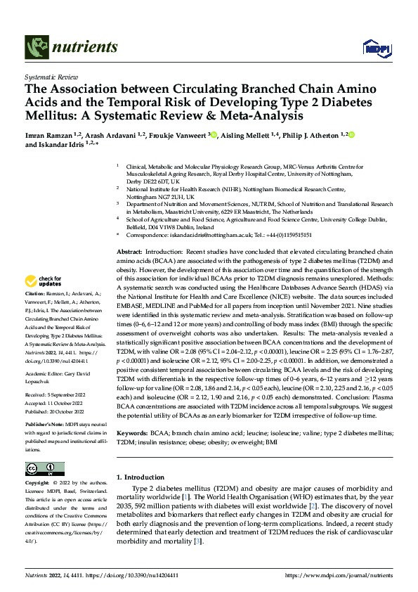 The Association between Circulating Branched Chain Amino Acids and the Temporal Risk of Developing Type 2 Diabetes Mellitus: A Systematic Review & Meta-Analysis Thumbnail