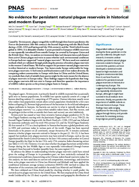 No evidence for persistent natural plague reservoirs in historical and modern Europe Thumbnail