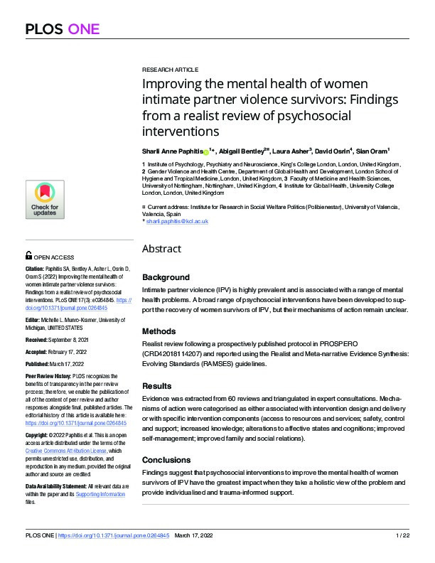 Improving the mental health of women intimate partner violence survivors: Findings from a realist review of psychosocial interventions Thumbnail