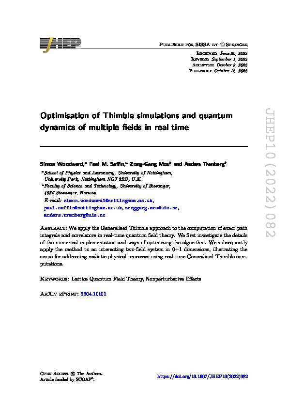 Optimisation of Thimble simulations and quantum dynamics of multiple fields in real time Thumbnail