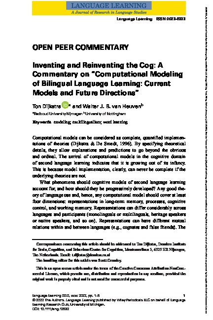 Inventing and Reinventing the Cog: A Commentary on “Computational Modeling of Bilingual Language Learning: Current Models and Future Directions” Thumbnail