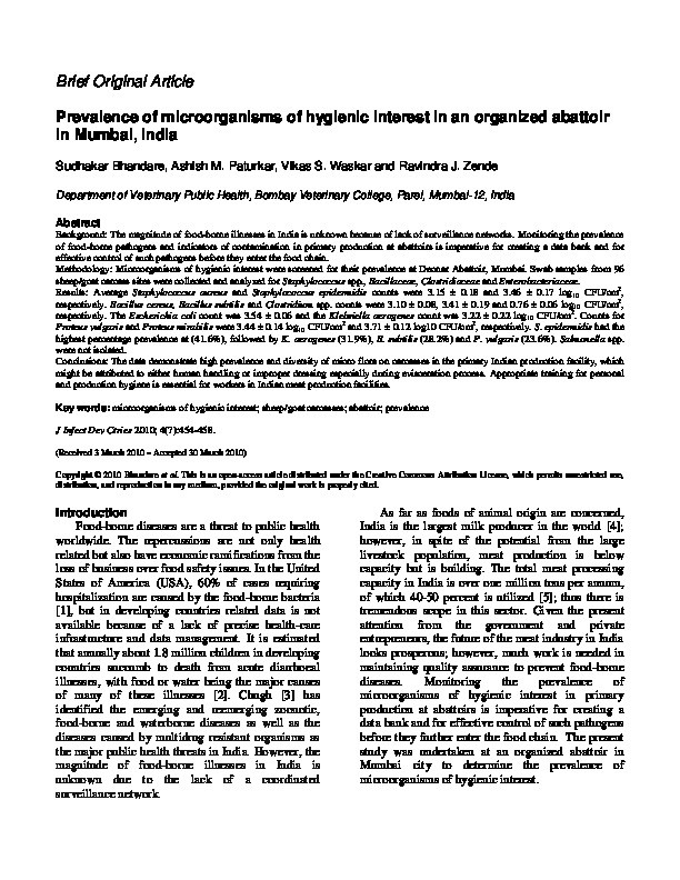 Prevalence of microorganisms of hygienic interest in an organized abattoir in Mumbai, India Thumbnail