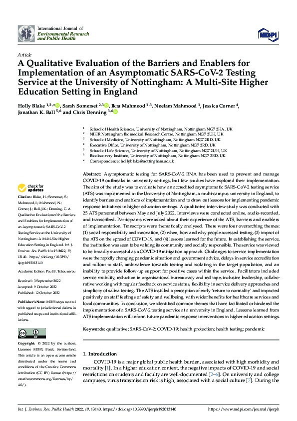 A Qualitative Evaluation of the Barriers and Enablers for Implementation of an Asymptomatic SARS-CoV-2 Testing Service at the University of Nottingham: A Multi-Site Higher Education Setting in England Thumbnail