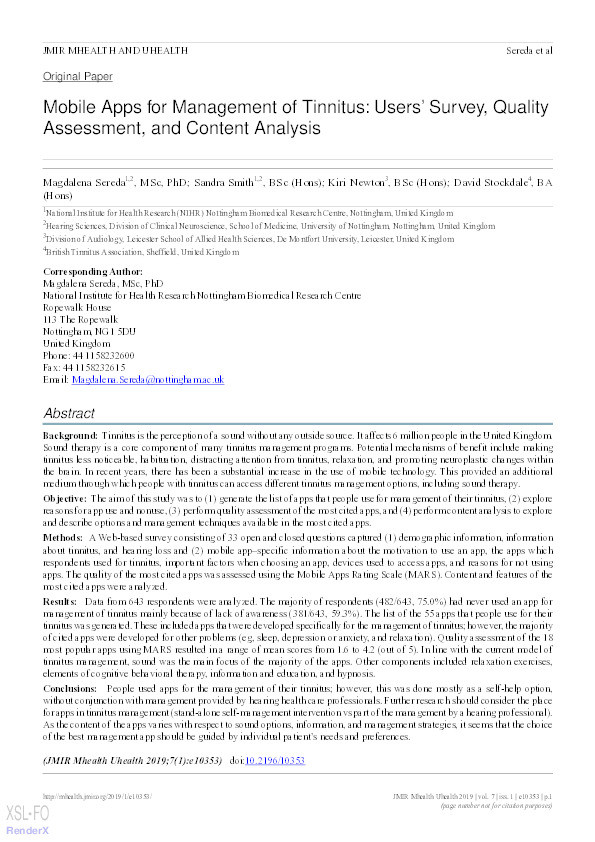 Mobile applications for management of tinnitus: users' survey, quality assessment and content analysis Thumbnail