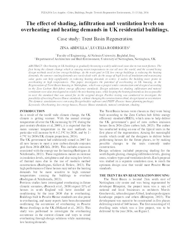 The effect of shading, infiltration and ventilation levels on overheating and heating demands in UK residential buildings: case study: Trent Basin Regeneration Thumbnail