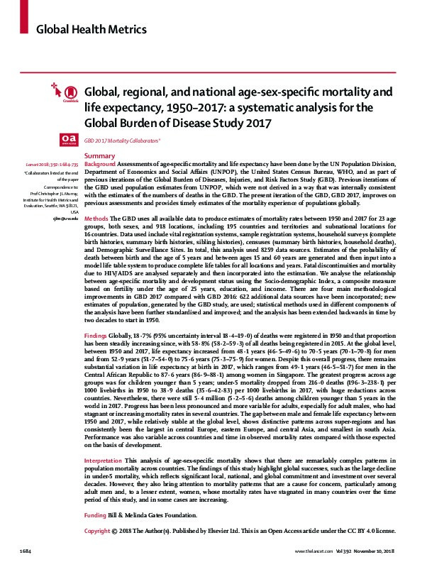 Global, regional, and national age-sex-specific mortality and life expectancy, 1950–2017: a systematic analysis for the Global Burden of Disease Study 2017 Thumbnail