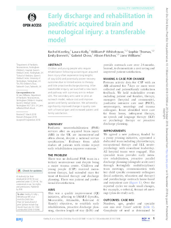 Early discharge and rehabilitation in paediatric acquired brain and neurological injury: a transferable model Thumbnail