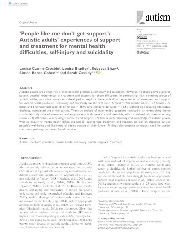 "People like me don't get support": autistic adults' experiences of support and treatment for mental health difficulties, self-injury and suicidality Thumbnail
