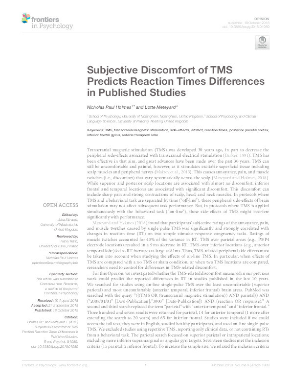 Subjective discomfort of TMS predicts reaction times differences in published studies Thumbnail