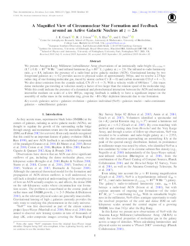 A magnified view of circumnuclear star formation and feedback around an active galactic nucleus at z = 2.6 Thumbnail