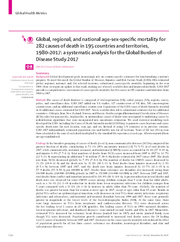 Global, regional, and national age-sex-specific mortality for 282 causes of death in 195 countries and territories, 1980–2017: a systematic analysis for the Global Burden of Disease Study 2017 Thumbnail