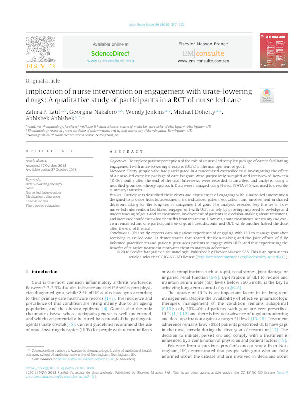 Implication of nurse intervention on engagement with urate-lowering drugs: a qualitative study of participants in a RCT of nurse led care Thumbnail
