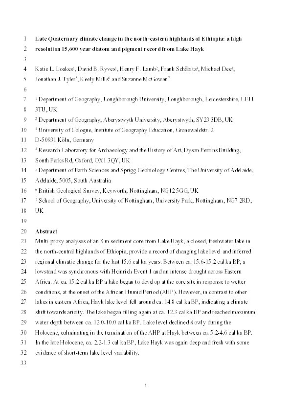 Late Quaternary climate change in the north-eastern highlands of Ethiopia: a high resolution 15,600 year diatom and pigment record from Lake Hayk Thumbnail