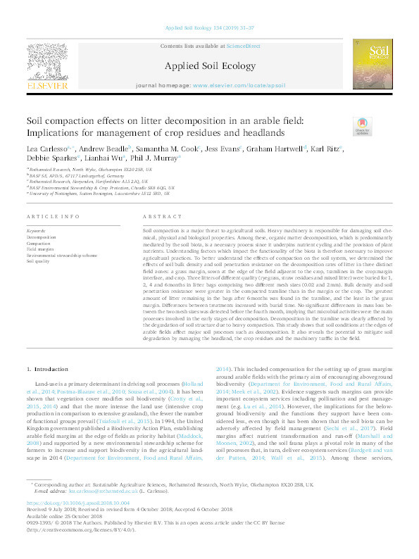 Soil compaction effects on litter decomposition in an arable field: implications for management of crop residues and headlands Thumbnail