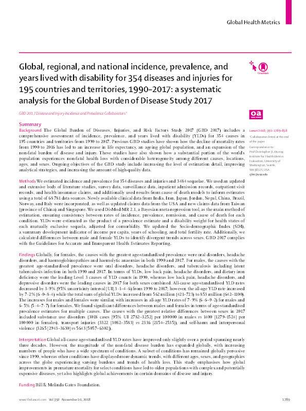 Global, regional, and national incidence, prevalence, and years lived with disability for 354 diseases and injuries for 195 countries and territories, 1990–2017: a systematic analysis for the Global Burden of Disease Study 2017 Thumbnail