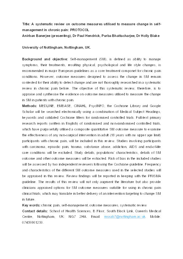 A systematic review on outcome measures utilised to measure change in selfmanagement in chronic pain: PROTOCOL Thumbnail