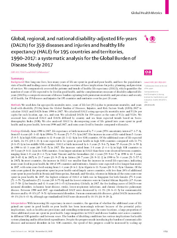 Global, regional, and national disability-adjusted life-years (DALYs) for 359 diseases and injuries and healthy life expectancy (HALE) for 195 countries and territories, 1990–2017: a systematic analysis for the Global Burden of Disease Study 2017 Thumbnail