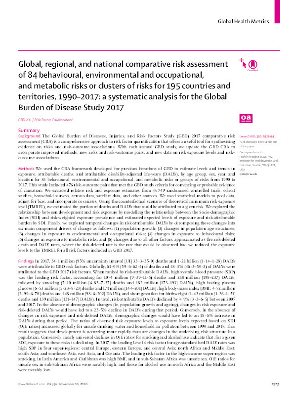 Global, regional, and national comparative risk assessment of 84 behavioural, environmental and occupational, and metabolic risks or clusters of risks for 195 countries and territories, 1990–2017: a systematic analysis for the Global Burden of Disease Study 2017 Thumbnail