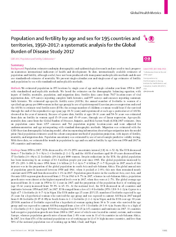 Population and fertility by age and sex for 195 countries and territories, 1950–2017: a systematic analysis for the Global Burden of Disease Study 2017 Thumbnail