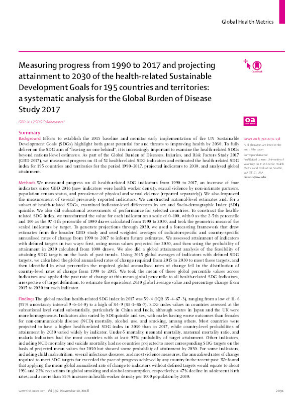 Measuring progress from 1990 to 2017 and projecting attainment to 2030 of the health-related Sustainable Development Goals for 195 countries and territories: a systematic analysis for the Global Burden of Disease Study 2017 Thumbnail