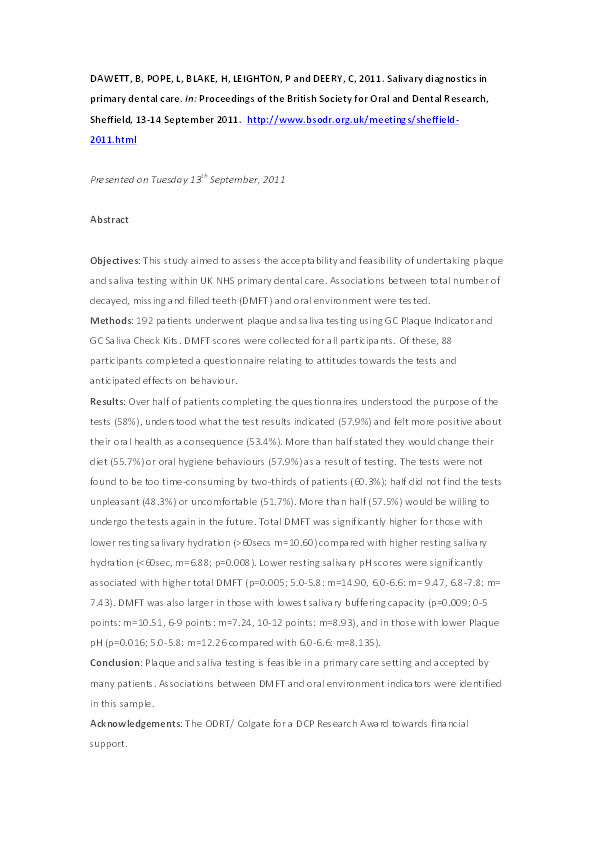 Salivary diagnostics in primary dental care Thumbnail