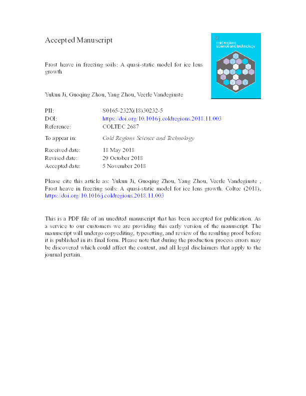 Frost heave in freezing soils: a  quasi-static model for ice lens growth Thumbnail