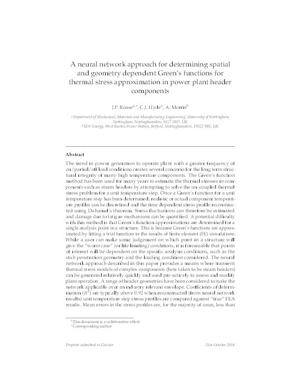 A neural network approach for determining spatial and geometry dependent Green's functions for thermal stress approximation in power plant header components Thumbnail