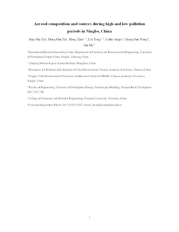 Aerosol composition and sources during high and low pollution periods in Ningbo, China Thumbnail