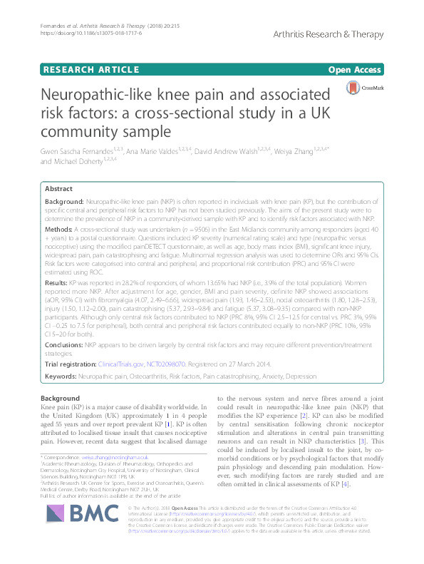 Neuropathic-like knee pain and associated risk factors: a cross-sectional study in a UK community sample Thumbnail